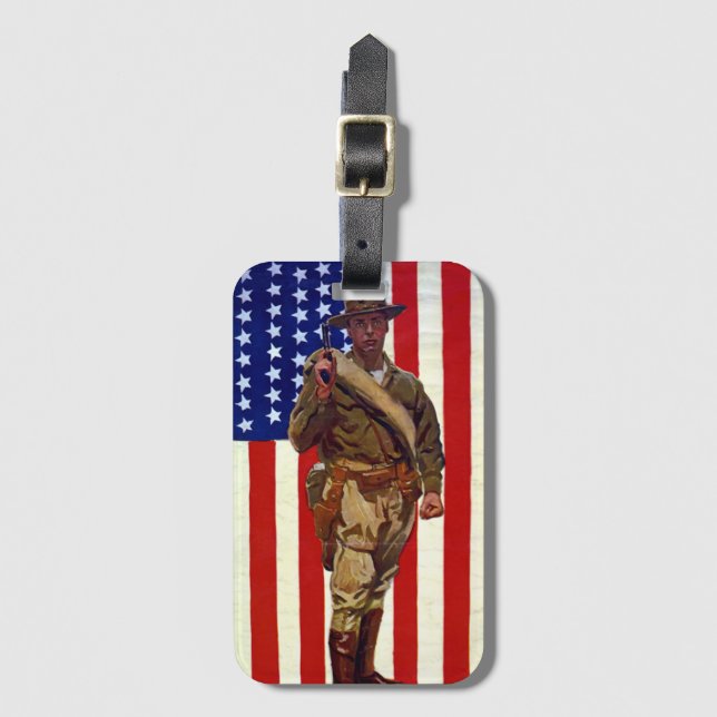 Vintage Patriotic Soldier with American Flag Luggage Tag (Front Vertical)