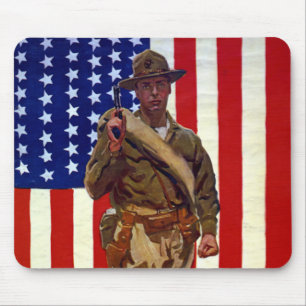 Vintage Patriotic Soldier with American Flag Mouse Pad
