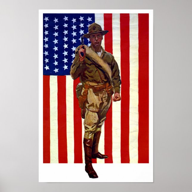 Vintage Patriotic Soldier with American Flag Poster (Front)