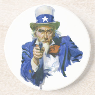 Vintage Patriotic Uncle Sam with Hat and Gun Coaster