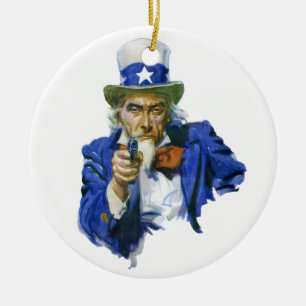 Vintage Patriotic Uncle Sam with Star Hat and Gun Ceramic Tree Decoration
