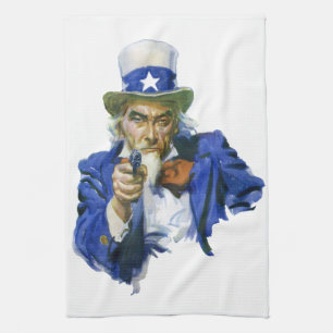 Vintage Patriotic Uncle Sam with Star Hat and Gun Tea Towel