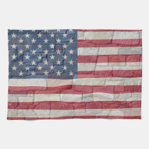 Vintage Patriotic USA Flag on Stone Wall Tea Towel