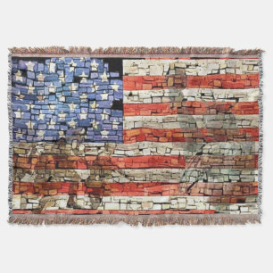 Vintage Patriotic USA Flag on Stone Wall Throw Blanket
