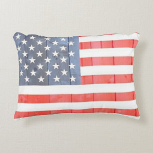 Vintage Patriotic USA Flag on Wooden Fence Decorative Cushion