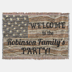 Vintage Patriotic USA Flag Stone Wall Calligraphy  Throw Blanket