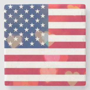 Vintage Patriotic USA Flag with colourful hearts Stone Coaster