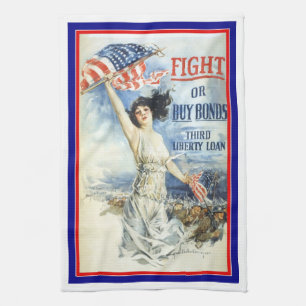 Vintage Patriotic Woman w American Flag Poster Art Tea Towel