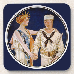 Vintage Patriotism, Lady Liberty with Navy Seaman Coaster