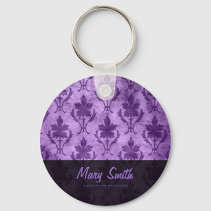 Vintage Pattern Custom Name Purple Key Ring