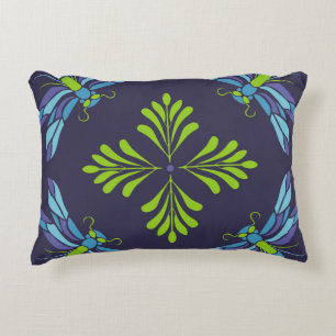 Vintage pattern green blue dragonfly on dark backg decorative cushion