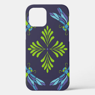 Vintage pattern green blue dragonfly on dark backg iPhone 12 case