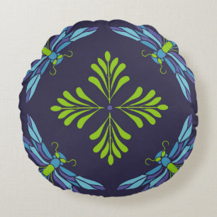 Vintage pattern green blue dragonfly on dark backg round cushion