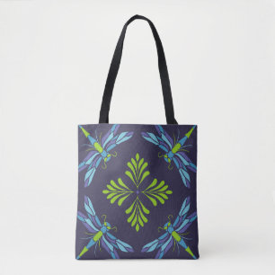 Vintage pattern green blue dragonfly on dark backg tote bag