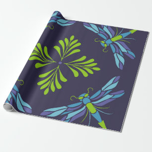 Vintage pattern green blue dragonfly on dark backg wrapping paper