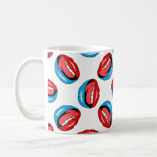 Vintage pattern with cartoon patch badges with lip coffee mug