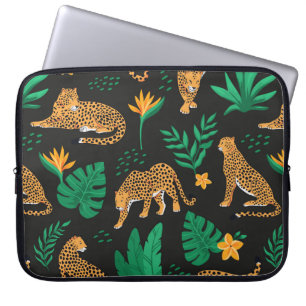 Vintage pattern with leopards and tropical leaves laptop sleeve