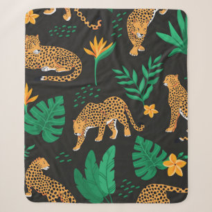 Vintage pattern with leopards and tropical leaves  sherpa blanket