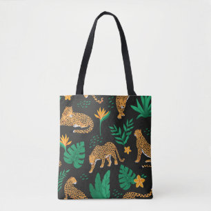 Vintage pattern with leopards and tropical leaves tote bag