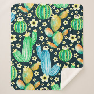 Vintage pattern with succulents. Watercolor cactus Sherpa Blanket