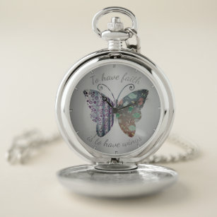 Vintage Patterned Butterfly Faith Quote Pocket Watch