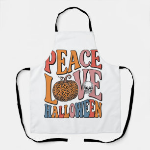 Vintage Peace Love Halloween Pumpkin Skull Design_ Apron