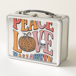 Vintage Peace Love Halloween Pumpkin Skull Design_ Metal Lunch Box