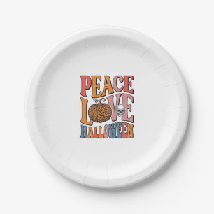 Vintage Peace Love Halloween Pumpkin Skull Design_ Paper Plate