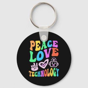 Vintage PEACE LOVE TECHNOLOGY Retro Computer Teach Key Ring