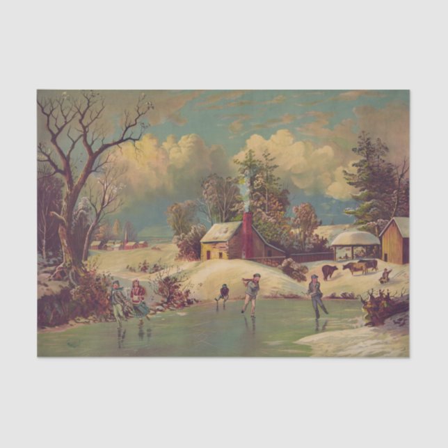 Vintage Peaceful Winter Village Ice Skating  Tissue Paper (Front)
