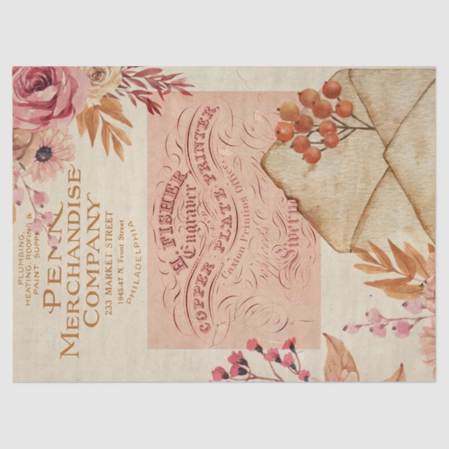 Vintage Peach and  Pink Flowers Decoupage Tissue Paper (Front)