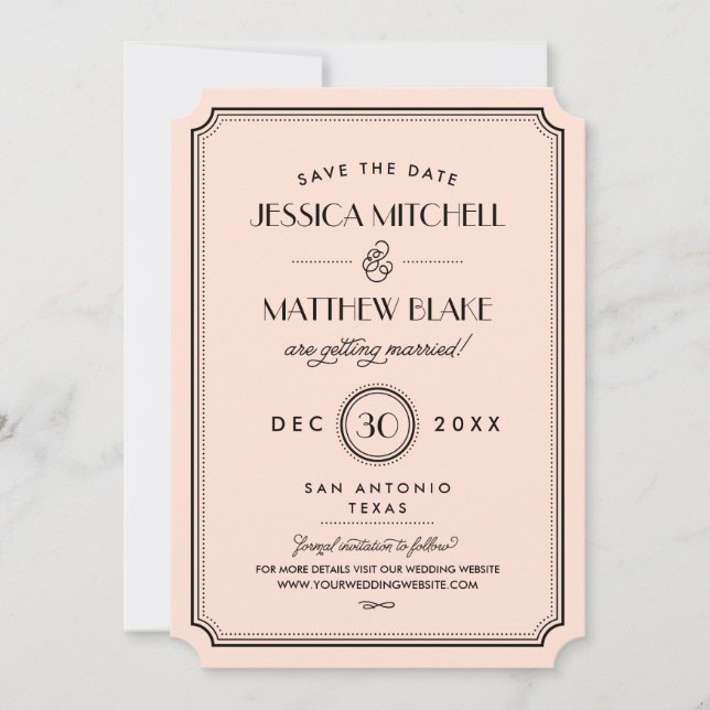 Vintage Peach Art Deco Monogram Save the Date (Front)