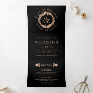 Vintage peach black rose wreath black wedding Tri-Fold invitation