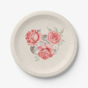 Vintage Peach Coral Roses Greenery Leaves Wedding Paper Plate