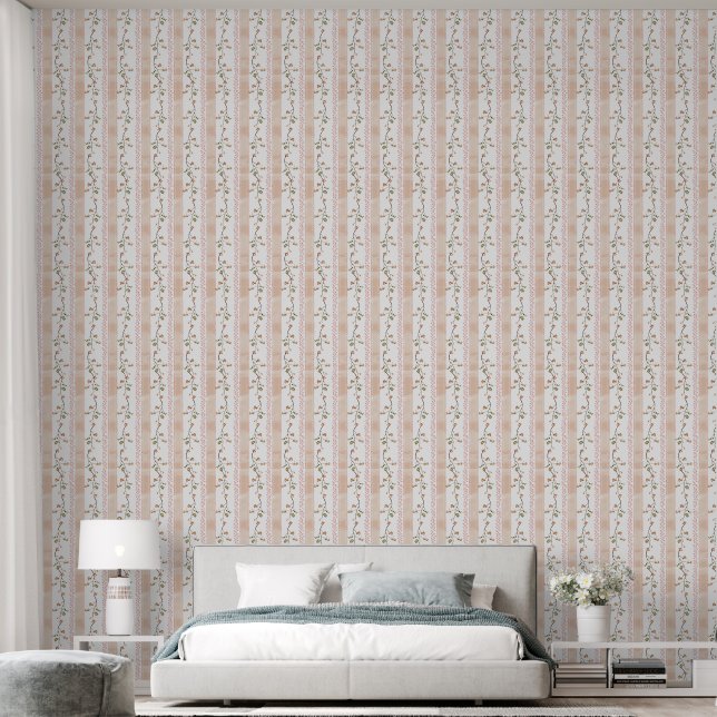 Vintage Peach Floral and Stripes Wallpaper (Bedroom)