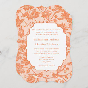 Vintage Peach Floral Pattern Love Bird Wedding Invitation