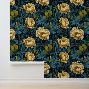 Vintage Peach Floral Teal Green Wallpaper