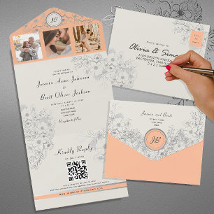 Vintage Peach Floral Wedding All In One Invitation