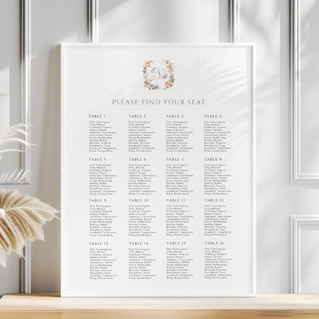  Vintage Peach Floral Wedding Seating Chart Poster (Creator Uploaded)