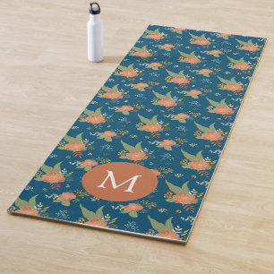 Vintage Peach Flower Pattern Dark Blue Monogram Yoga Mat