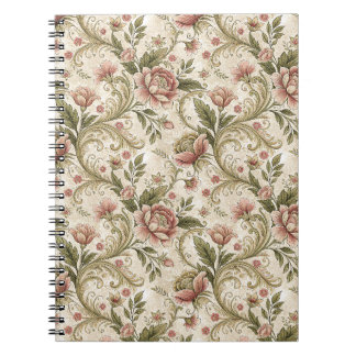 Vintage Peach & Green Floral Scroll Damask Design Notebook