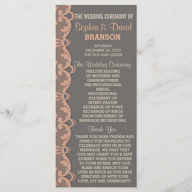Vintage Peach Grey Lace Wedding Program Custom (Front)