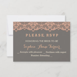 Vintage Peach Grey Lace Wedding RSVP Custom Card