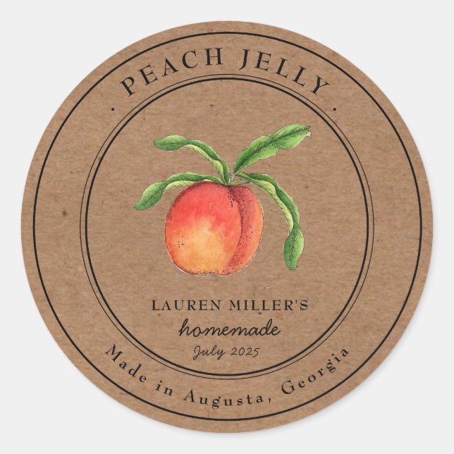 Vintage Peach Jelly Kraft paper jar Round label (Front)