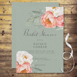 Vintage Peach Peonies on Sage Green Bridal Shower Invitation