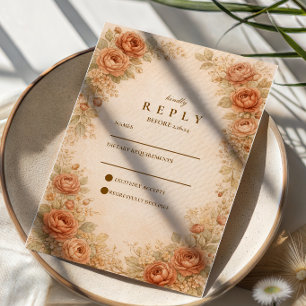 Vintage Peach Rose Floral Wedding RSVP Card