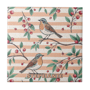 Vintage Peach Songbird Berry Branch Pattern Ceramic Tile