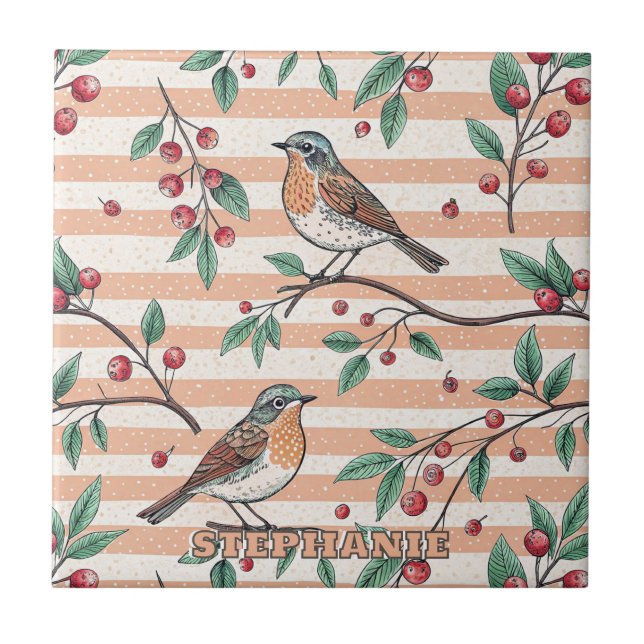 Vintage Peach Songbird Berry Branch Pattern Ceramic Tile (Front)