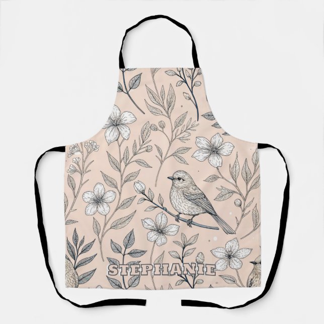 Vintage Peach Songbird Wildflower Pattern Apron (Front)