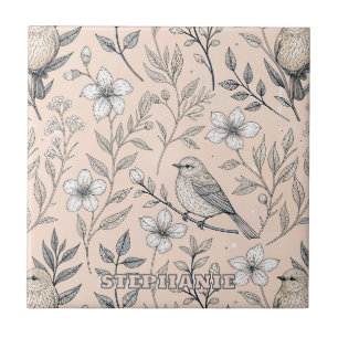 Vintage Peach Songbird Wildflower Pattern Ceramic Tile